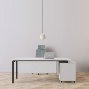 Executive office with a spacious executive manager table complete with office chair and storage spaces and in a white modern themed office featuring a light dangling over head
